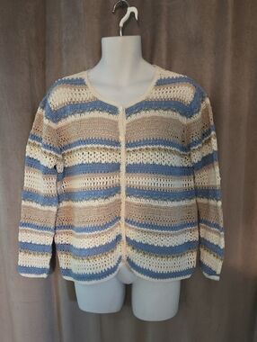 Hand Loomed XL Striped Crochet Button Up Cardigan in Cream, Blue & Tan